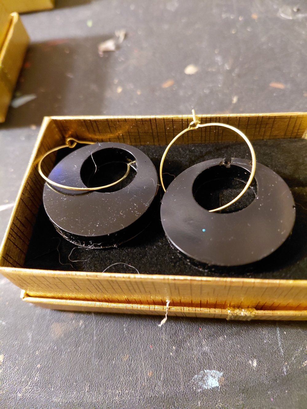 Gold Hoop Black Disc Drop Earrings - Modern Women's Jewelry